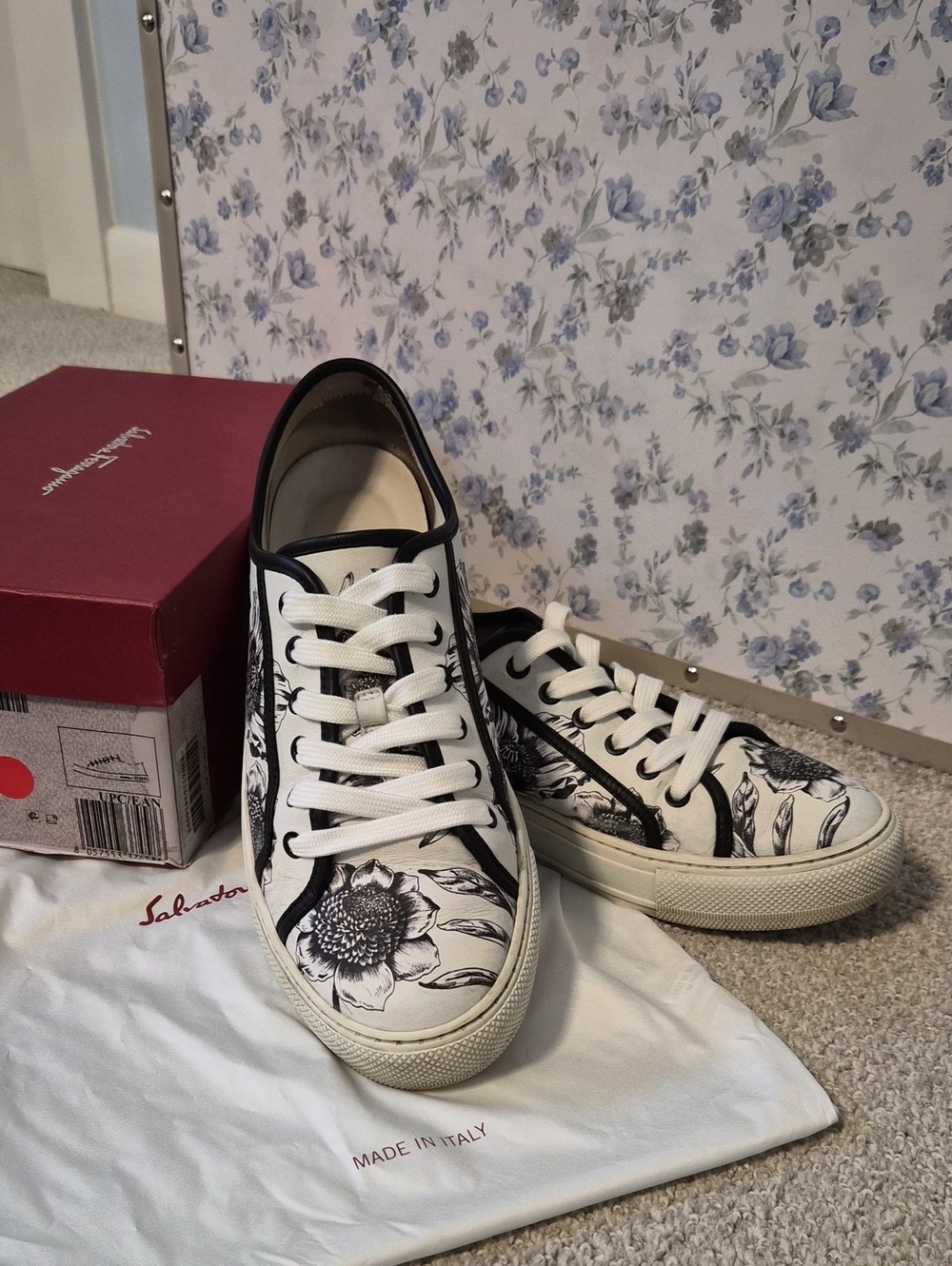 Salvatore Ferragamo White Leather Floral Sneakers